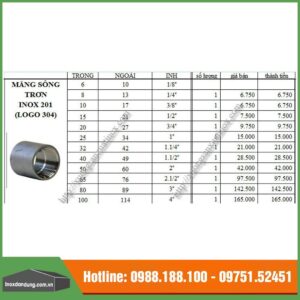Báo giá măng sông trơn inox