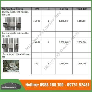 Báo giá ống thu rác inox