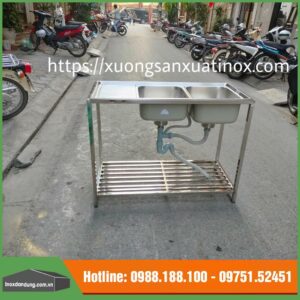 Kệ chậu inox 2 hố 1 bàn